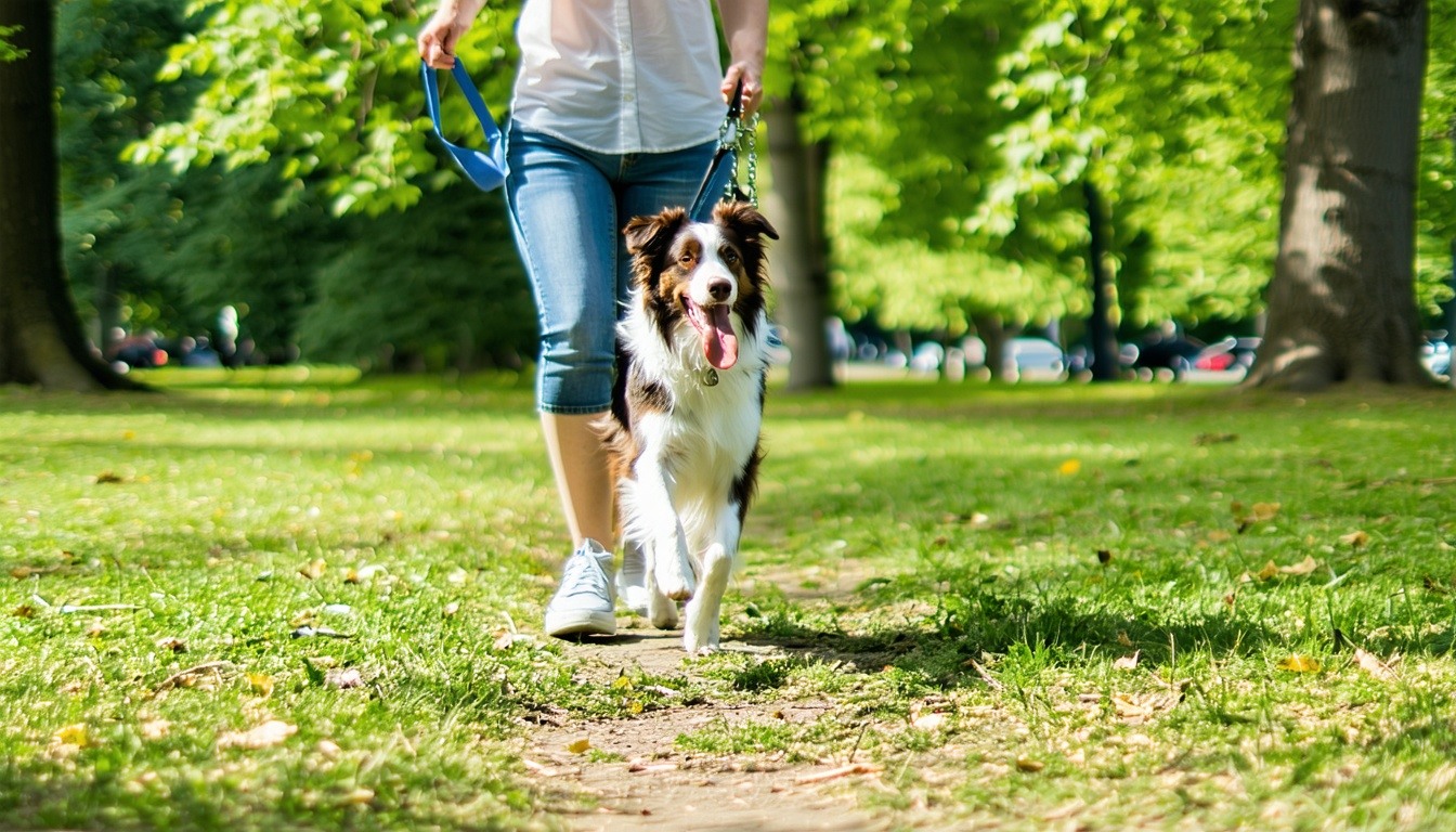 A dog enjoying a walk in the park with a pet sitter
