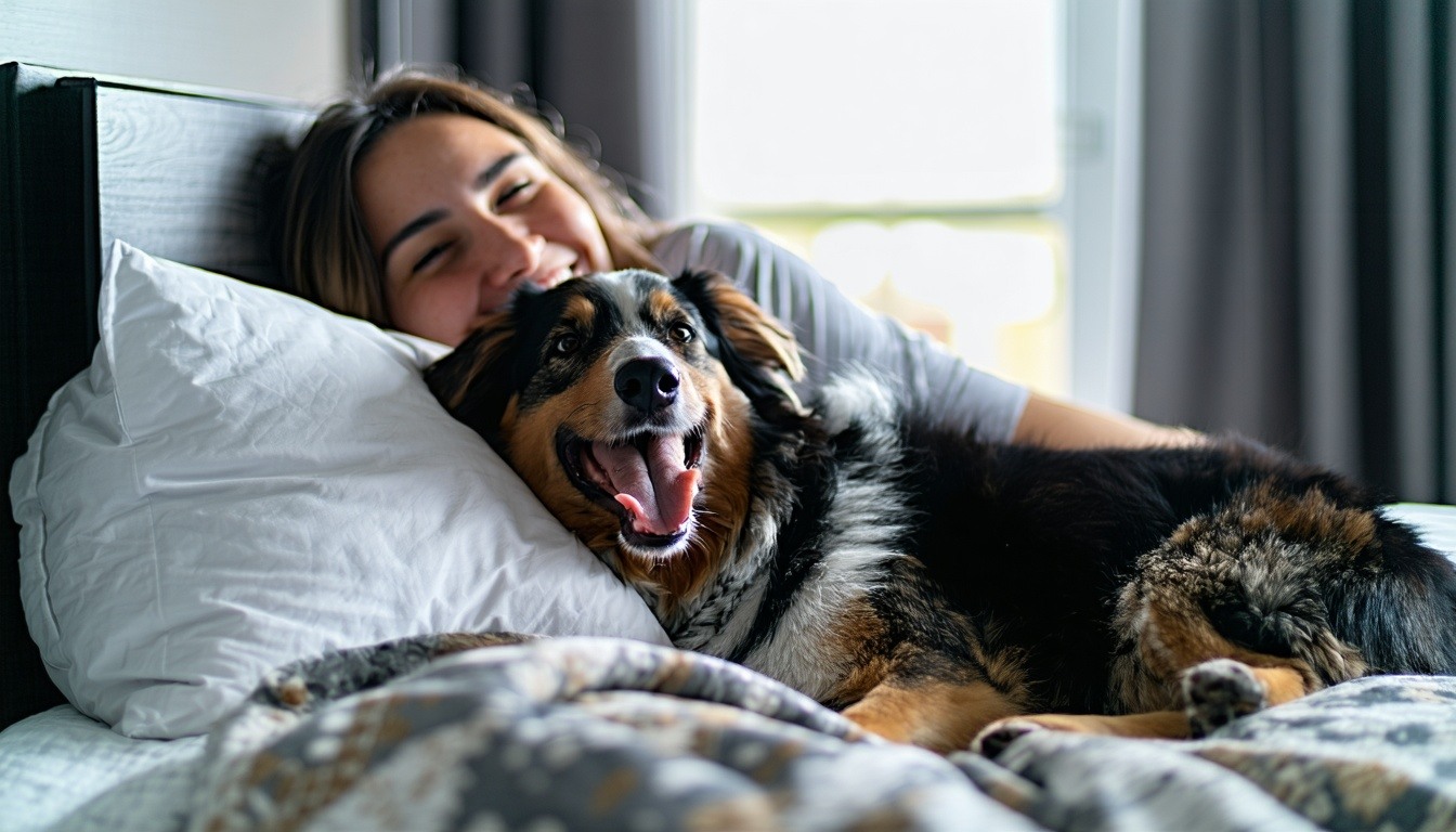 A pet sitter staying overnight with a happy dog