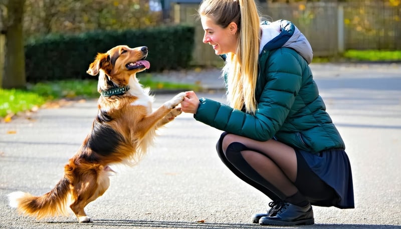 Friendly pet sitter playing with a happy dog outdoors Friendly pet sitter playing with a happy dog outdoors